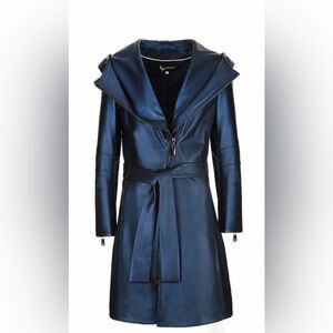 La Fenice Women’s Metallic Blue Leather Mob Wife Trench Jacket. Size: 42
